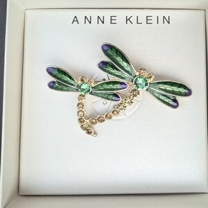 Anne Klein Gold Tone Green Enamel Rhinestone Dragonfly Brooch